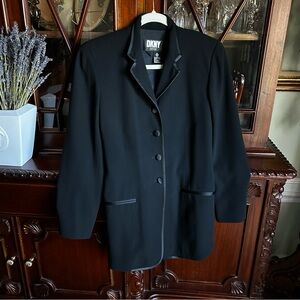 DKNY Vintage Mandarin Collar Women's Elegant Black Wool Blazer Corset Detail
